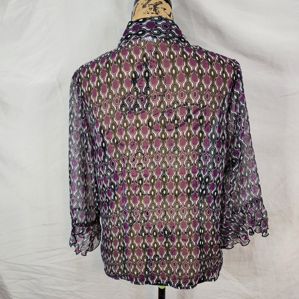 NICOLA Size Med Sheer Geometric Print Chiffon Flare Sleeve Office Casual Blouse - Picture 4 of 13